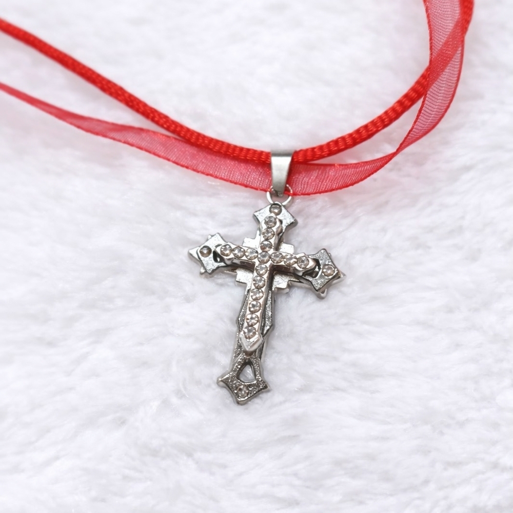 Silver Crystal Cross Pendant Necklace with Red Ribbon
